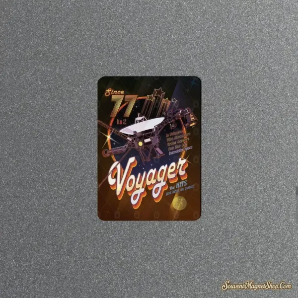 Retro gold poster fridge magnet reading Voyager The Hits Just Keep On Comin' with the spacecraft and stars