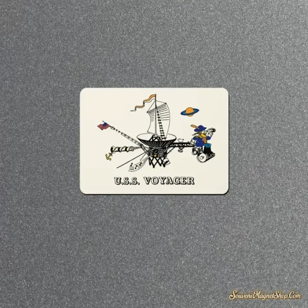 Retro NASA Voyager fridge magnet celebrating the Golden Record and interstellar mission — vintage poster-style space art for fridges, lockers and desks.