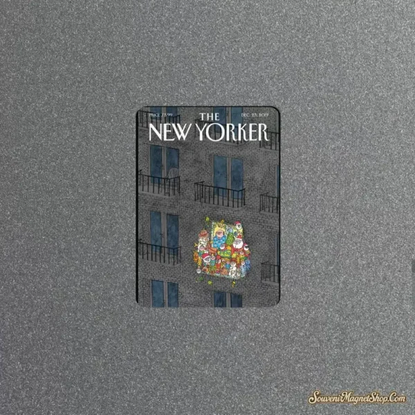 The New Yorker Christmas cover fridge magnet showing a grey apartment facade with one lit window full of Santas and carolers