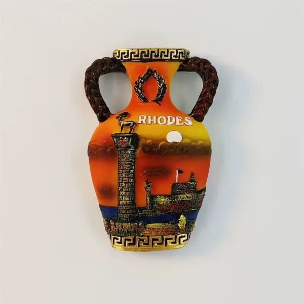Rhodes amphora fridge magnet front view with Mandraki Harbour sunset, deer column and fortress in 3D relief