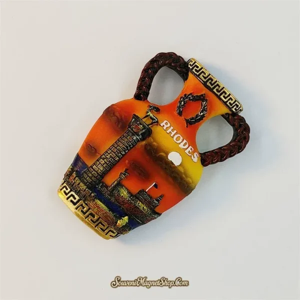 Angled view of Rhodes Greek amphora souvenir magnet showing braided handles and gold Greek key trim