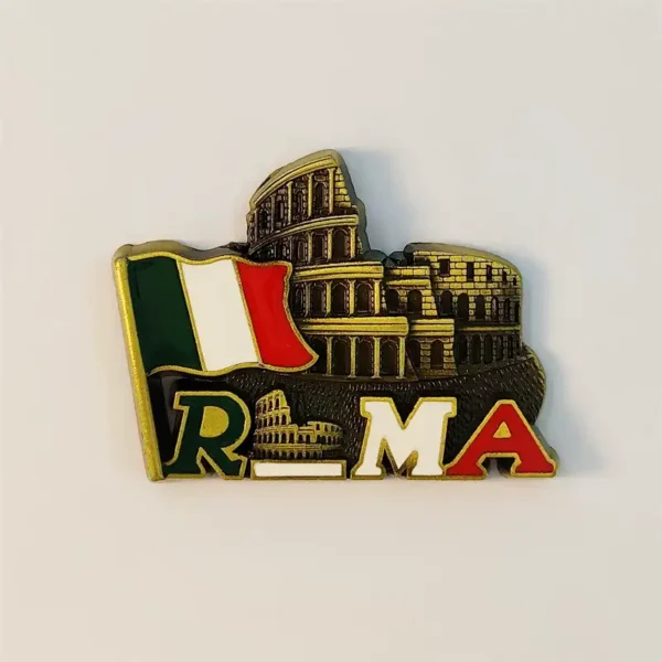 Front view of Rome Colosseum fridge magnet with waving Italian flag and ROMA lettering in metal