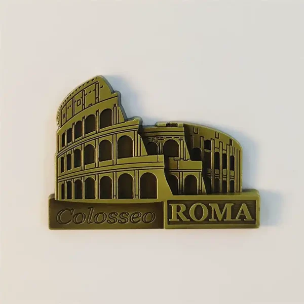 Front view of antique bronze Rome Colosseum fridge magnet with Colosseo Roma nameplate