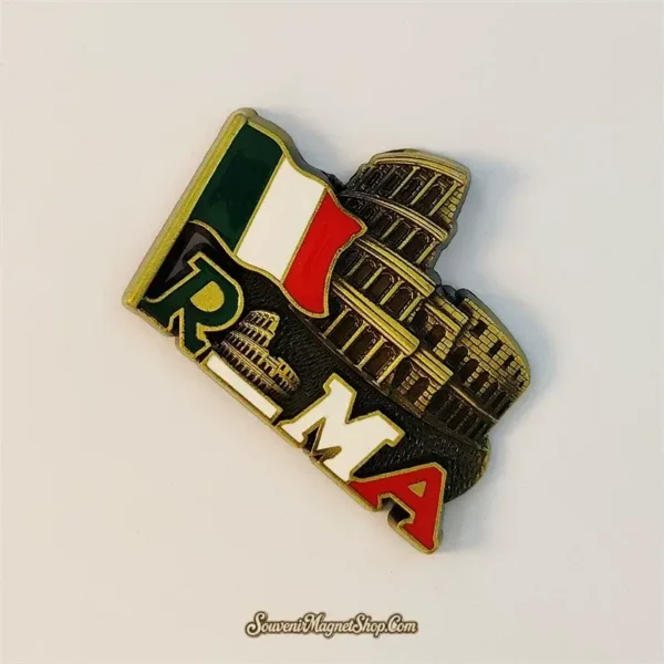 Tilted view of Italy Rome Colosseum metal fridge magnet highlighting its 3D relief detail