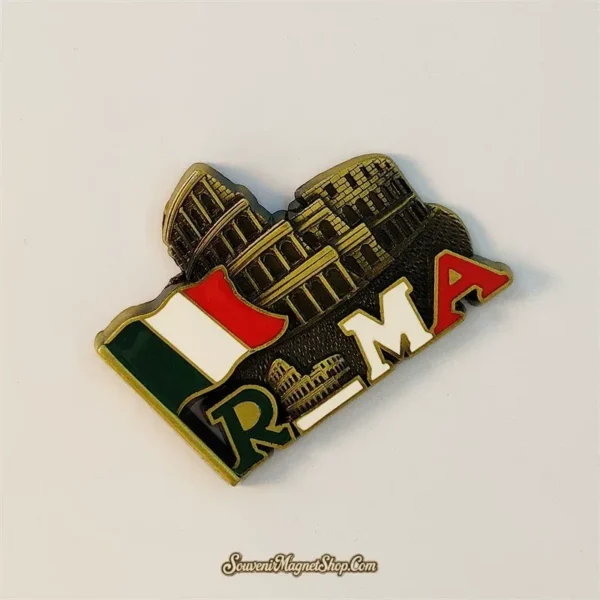 Angled Rome Colosseum souvenir magnet showing antique-bronze arches and enamel Italian tricolore