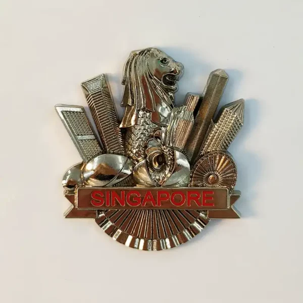 Singapore metal fridge magnet with Merlion, Marina Bay Sands and red SINGAPORE banner