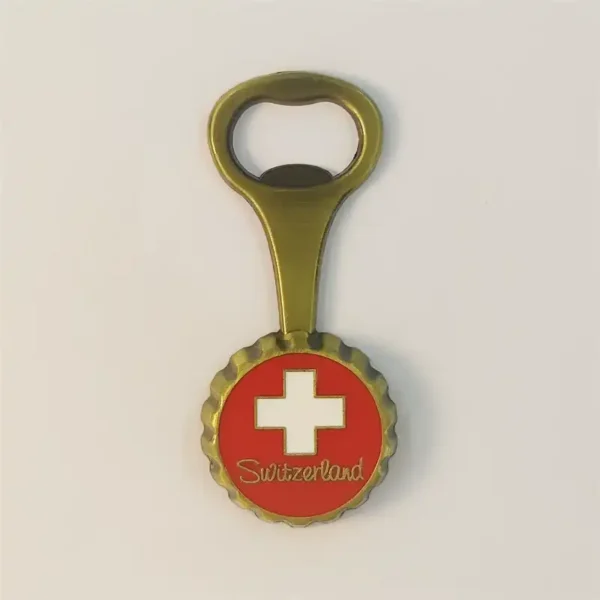 Front view of a Switzerland bottle opener fridge magnet with a red Swiss flag bottle-cap design