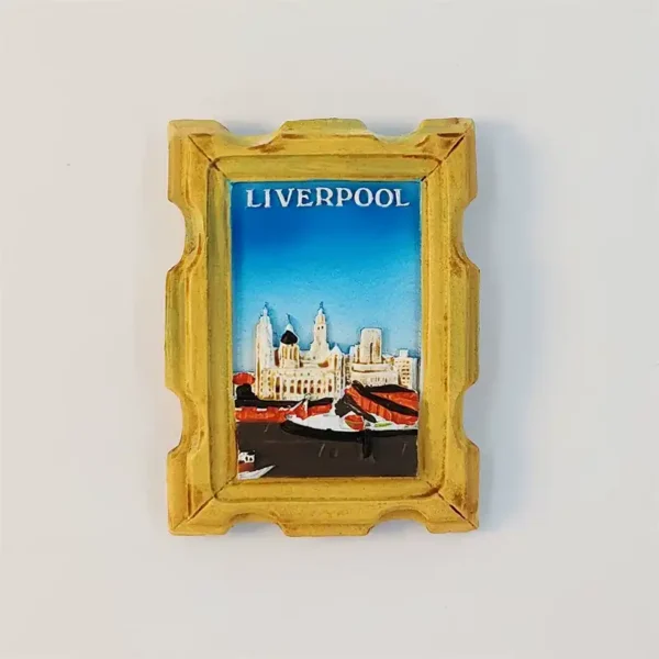 Liverpool fridge magnet shaped like a framed painting of the Three Graces waterfront