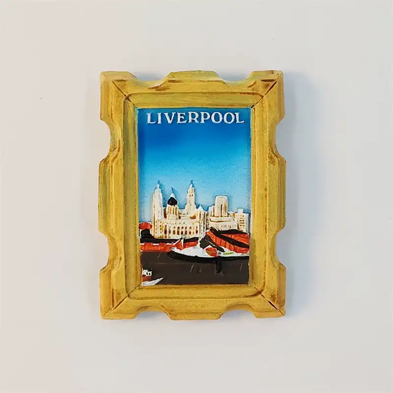 Liverpool fridge magnet shaped like a framed painting of the Three Graces waterfront