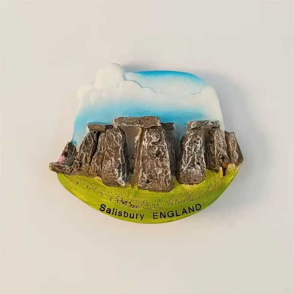 Front view of 3D hand-painted Stonehenge fridge magnet with Salisbury England nameplate under a blue sky