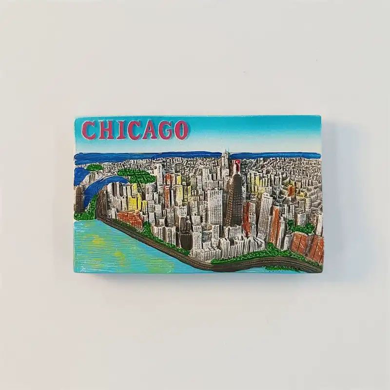 Front view of the 3D Chicago skyline fridge magnet with red CHICAGO lettering and Lake Michigan