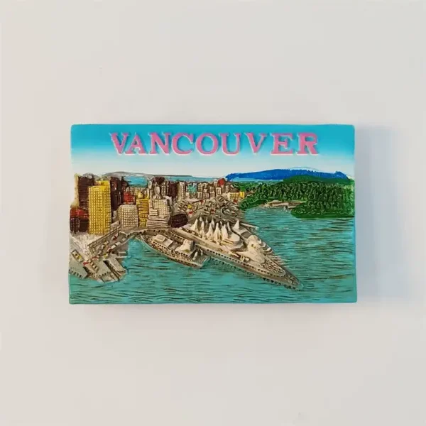 Vancouver fridge magnet front view with Canada Place white sails and downtown skyline in 3D relief