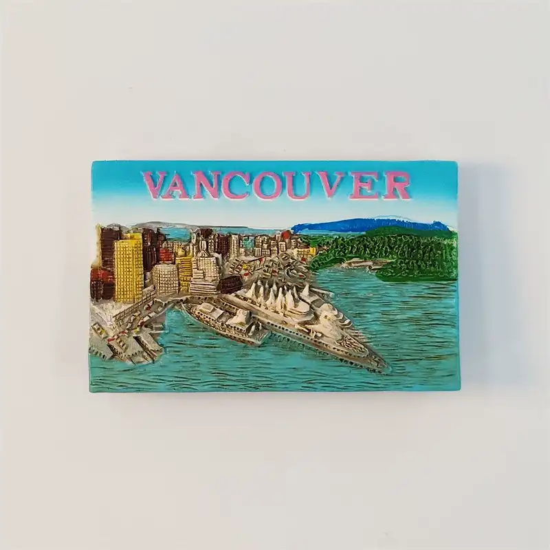 Vancouver fridge magnet front view with Canada Place white sails and downtown skyline in 3D relief