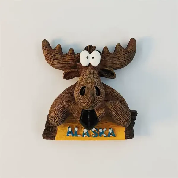Front view of Alaska funny moose head 3D fridge magnet with big eyes and ALASKA sign