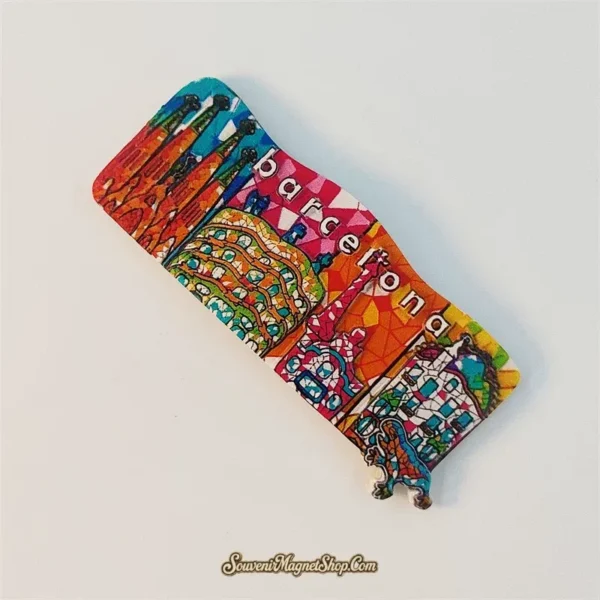 Angled Barcelona mosaic souvenir magnet showing Sagrada Familia and Casa Mila in trencadis colors