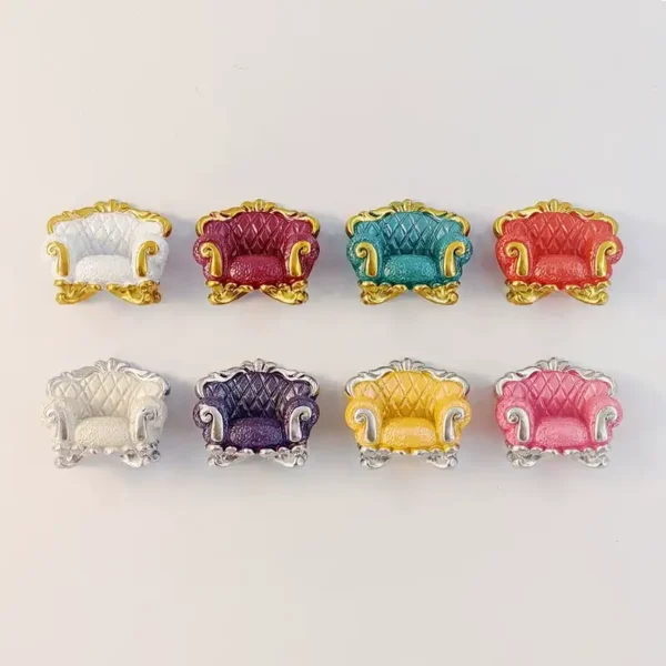 Eight 3D baroque armchair fridge magnets in gold and silver trims, colorful mini sofa design
