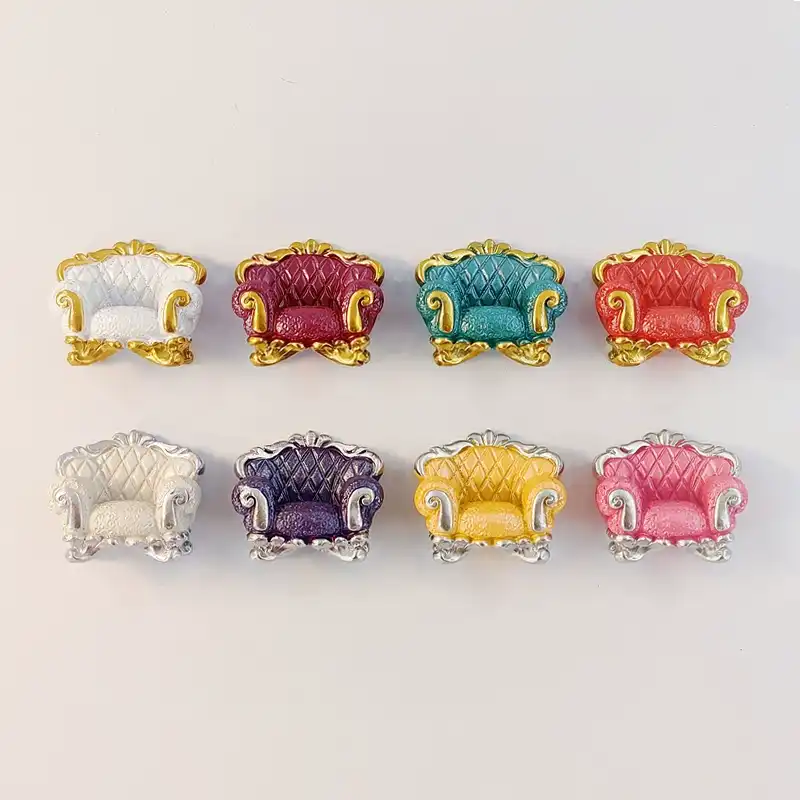 Eight 3D baroque armchair fridge magnets in gold and silver trims, colorful mini sofa design