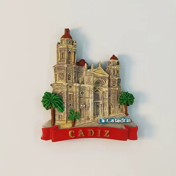 Front view of Spain Cadiz Cathedral 3D fridge magnet with golden dome and red CADIZ banner
