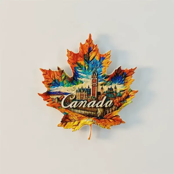 Maple leaf shaped Canada fridge magnet with Ottawa Parliament Hill and Peace Tower painting