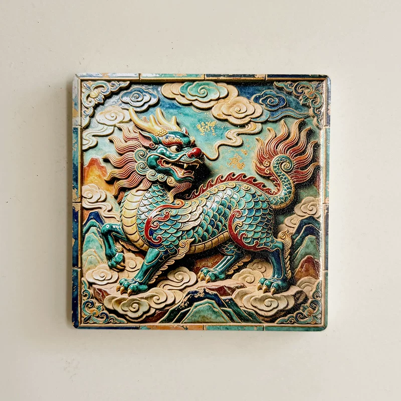 china-dunhuang-qilin-ceramic-fridge-magnet-front Dunhuang qilin fridge magnet, square ceramic relief tile painted in turquoise, red and gold
