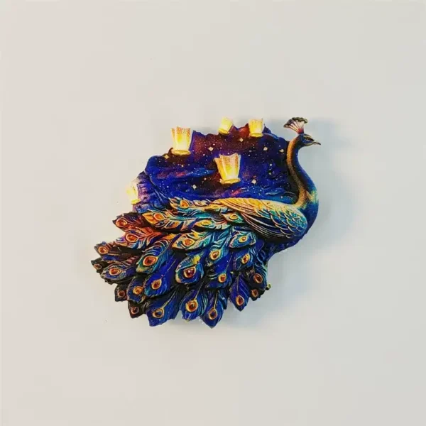 Hand-painted peacock fridge magnet with fanned feathers and glowing sky lantern night design