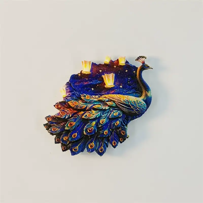 china-xishuangbanna-peacock-sky-lantern-fridge-magnet-front Hand-painted peacock fridge magnet with fanned feathers and glowing sky lantern night design