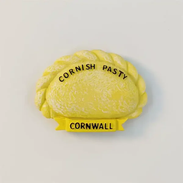 Cornwall Cornish pasty fridge magnet with crimped crust and yellow CORNWALL banner