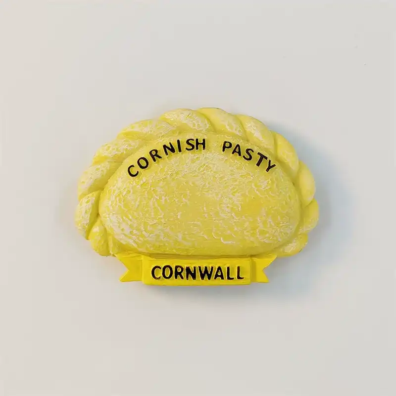 cornwall-cornish-pasty-fridge-magnet-front Cornwall Cornish pasty fridge magnet with crimped crust and yellow CORNWALL banner
