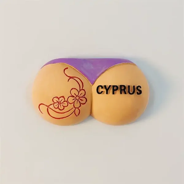 Cyprus bikini fridge magnet with hand-painted floral tattoo design and lilac strap