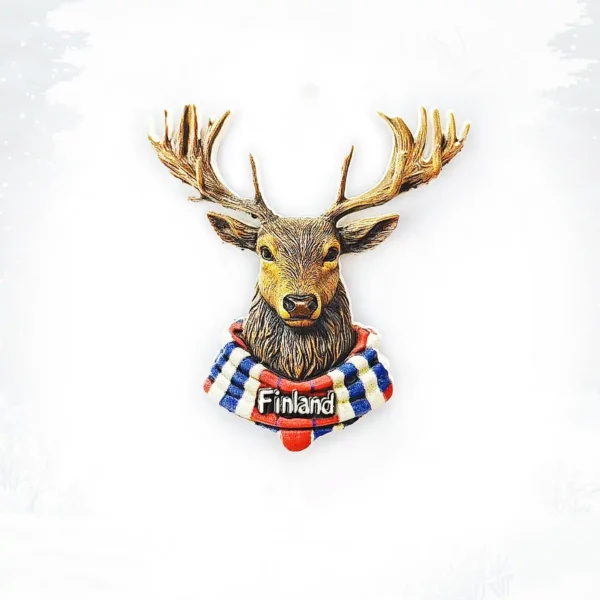 Front view of Finland elk fridge magnet with golden antlers, striped scarf, and Finland plaque