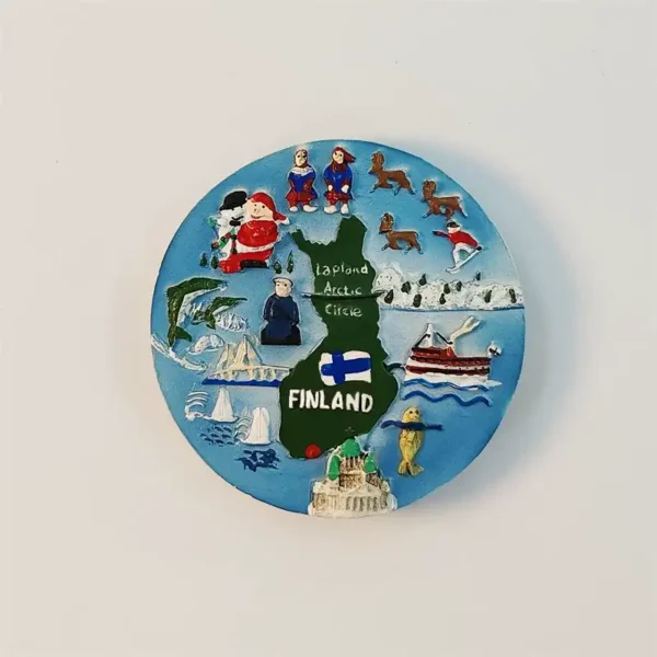 Front view of Finland Lapland 3D map fridge magnet with Santa, reindeer and Arctic Circle