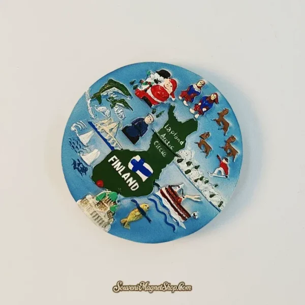 Angled view of Finland souvenir magnet showing the Lapland map, Finnish flag and icebreaker