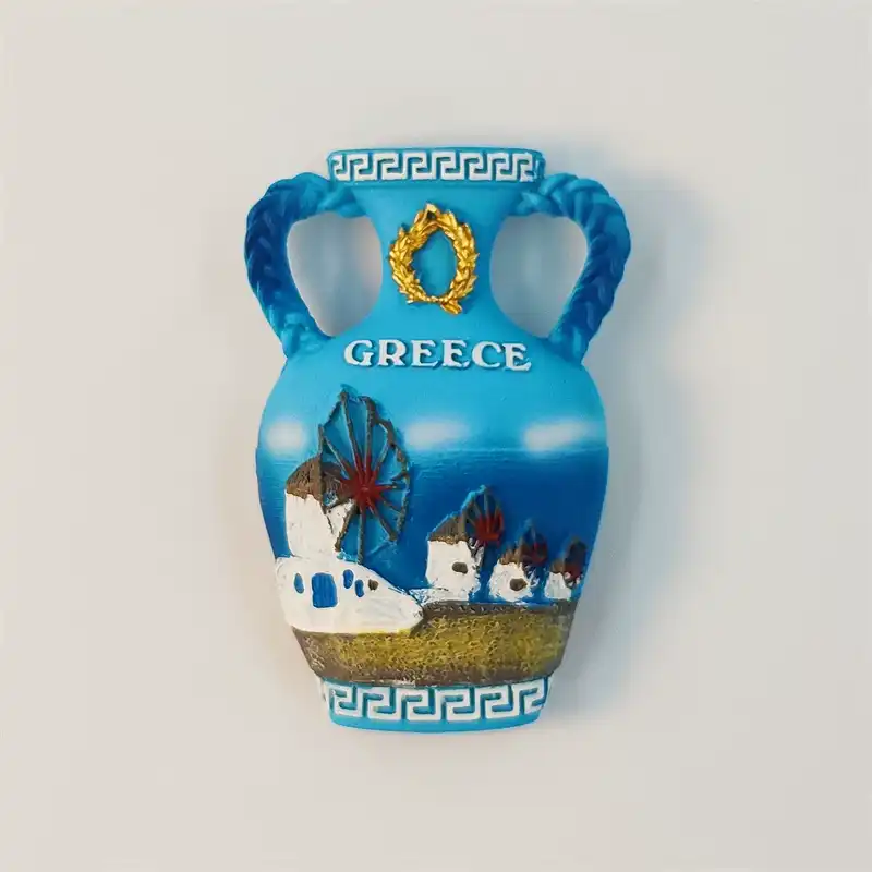 Greece Mykonos windmill fridge magnet shaped like a blue amphora vase with braided handles, gold laurel wreath and GREECE lettering, front view