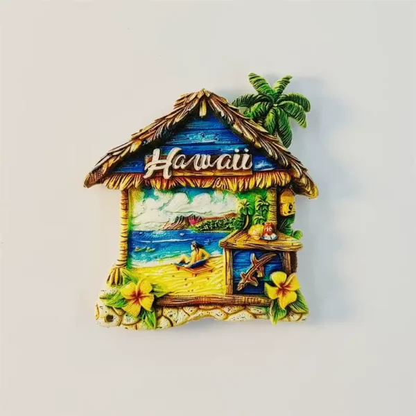 Front view of Hawaii beach hut fridge magnet with thatched roof, Hawaii lettering, plumeria, and Diamond Head