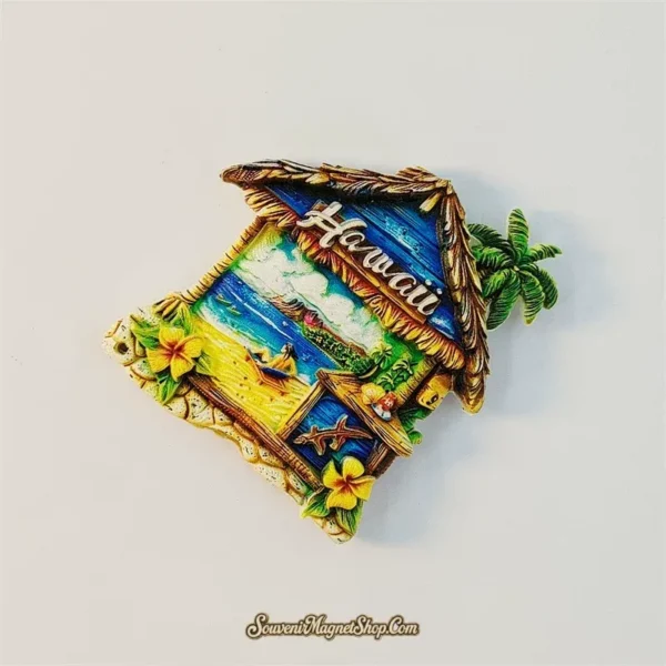 Angled Hawaii tiki hut souvenir magnet showing 3D thatch, palm tree, and painted beach scene