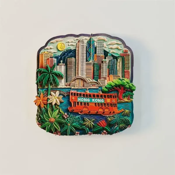 Front view of a Hong Kong skyline fridge magnet with red harbour ferry, skyscrapers, palm trees and tropical flowers in hand-painted 3D relief