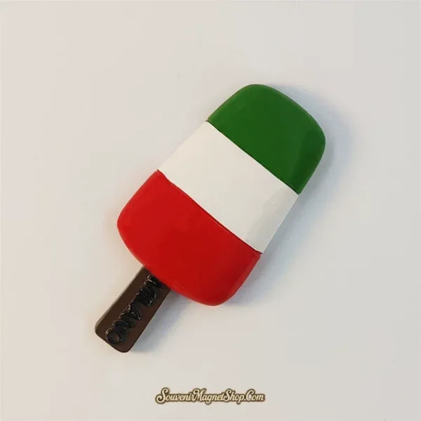 Angled view of Milan gelato magnet showing raised 3D scoop and tricolor flag design