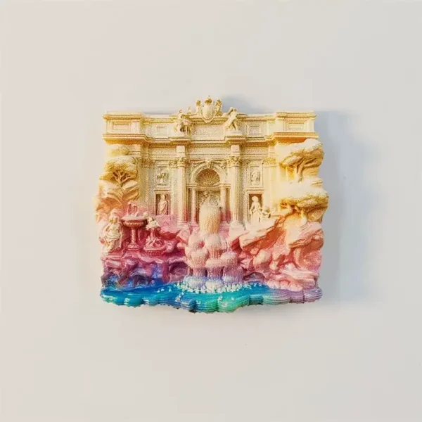 Front view of a hand-painted Trevi Fountain fridge magnet from Rome with a gold Baroque facade and rainbow-toned waters in 3D relief.
