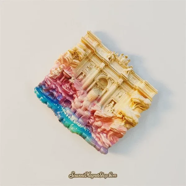 Angled view of the Rome Trevi Fountain souvenir magnet showing the deep 3D relief of columns, statues and the cascading fountain.