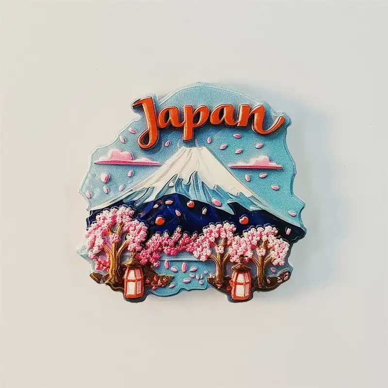 japan-mount-fuji-cherry-blossom-fridge-magnet-front Japan Mount Fuji cherry blossom fridge magnet, front view with snow-capped peak, pink sakura trees and stone lanterns