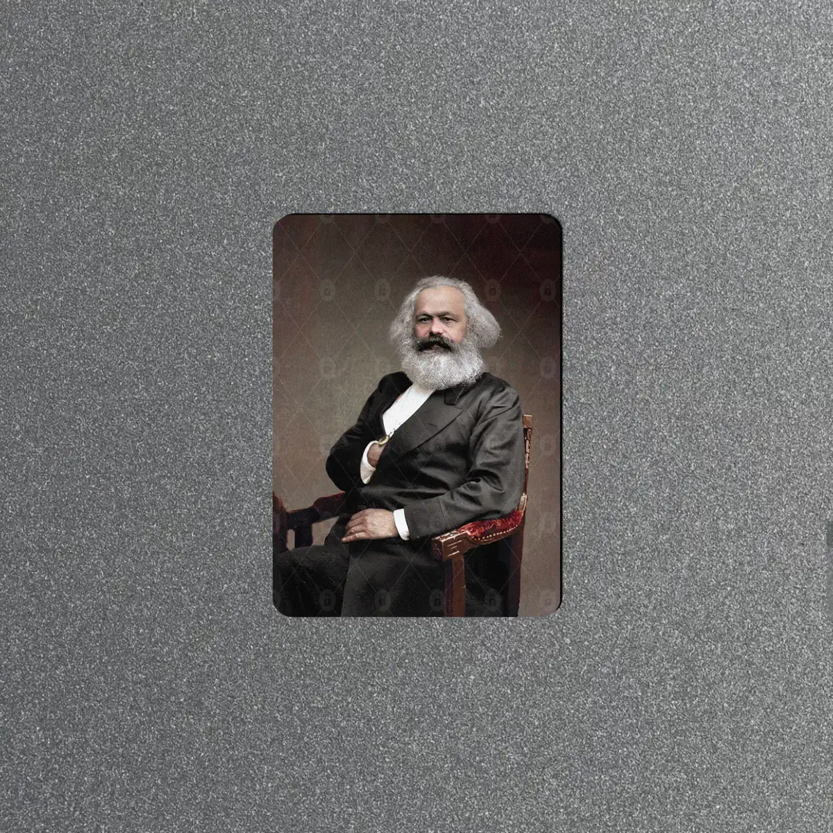 karl-marx-vintage-portrait-fridge-magnet-front Vintage fridge magnet with a colorized portrait photo of Karl Marx seated in a chair in a dark suit with his signature white beard