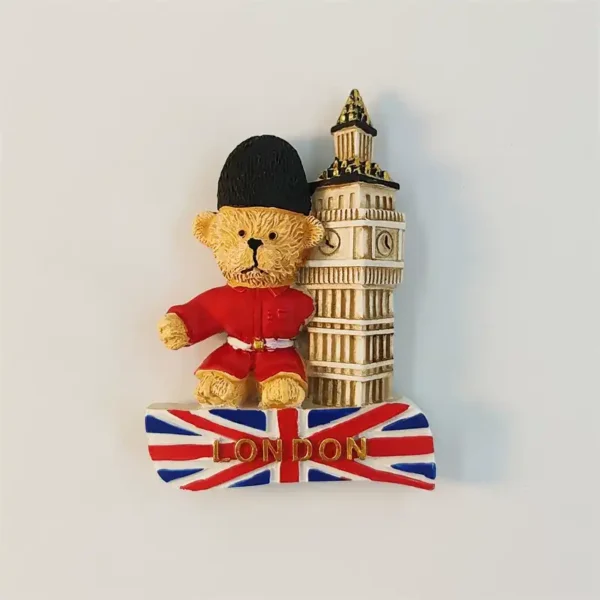 Front view of London Big Ben fridge magnet with a red-uniformed guard bear, black bearskin hat, and Union Jack base