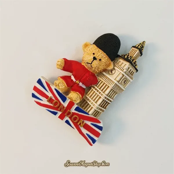 Angled view of 3D London souvenir magnet showing a guard bear leaning beside Big Ben on a Union Jack base