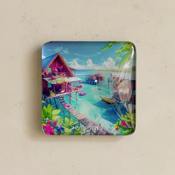 Malaysia Semporna fridge magnet, glass dome painted with overwater stilt houses on turquoise sea and pink bougainvillea, front view