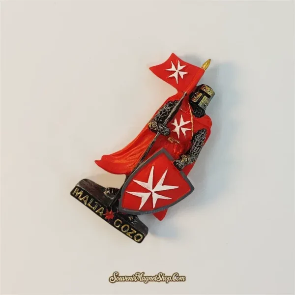 Angled view of 3D Malta souvenir magnet with armored crusader knight, red cape, and MALTA GOZO base lettering