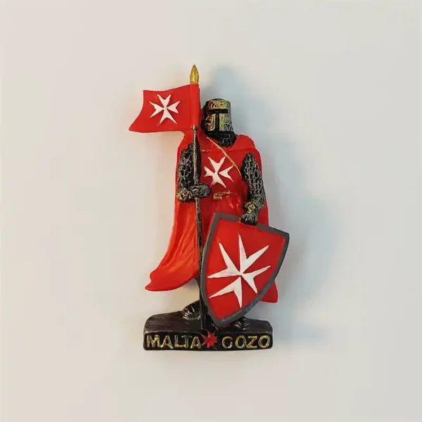 Front view of Malta fridge magnet showing a Knights of Malta crusader with red cape, Maltese cross shield, and flag
