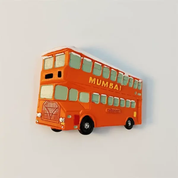 Orange Mumbai double-decker bus fridge magnet with gold MUMBAI lettering, rear angled view