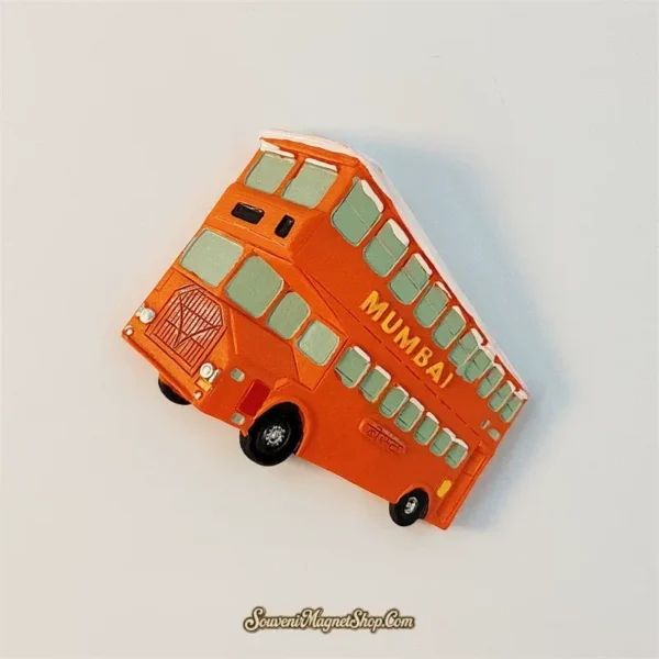 Angled front view of Mumbai double-decker bus souvenir magnet showing door and windows