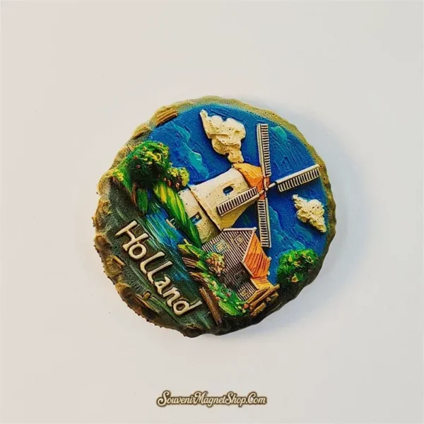 Amsterdam souvenir magnet featuring a hand-painted Dutch windmill and thatched clouds over Holland countryside