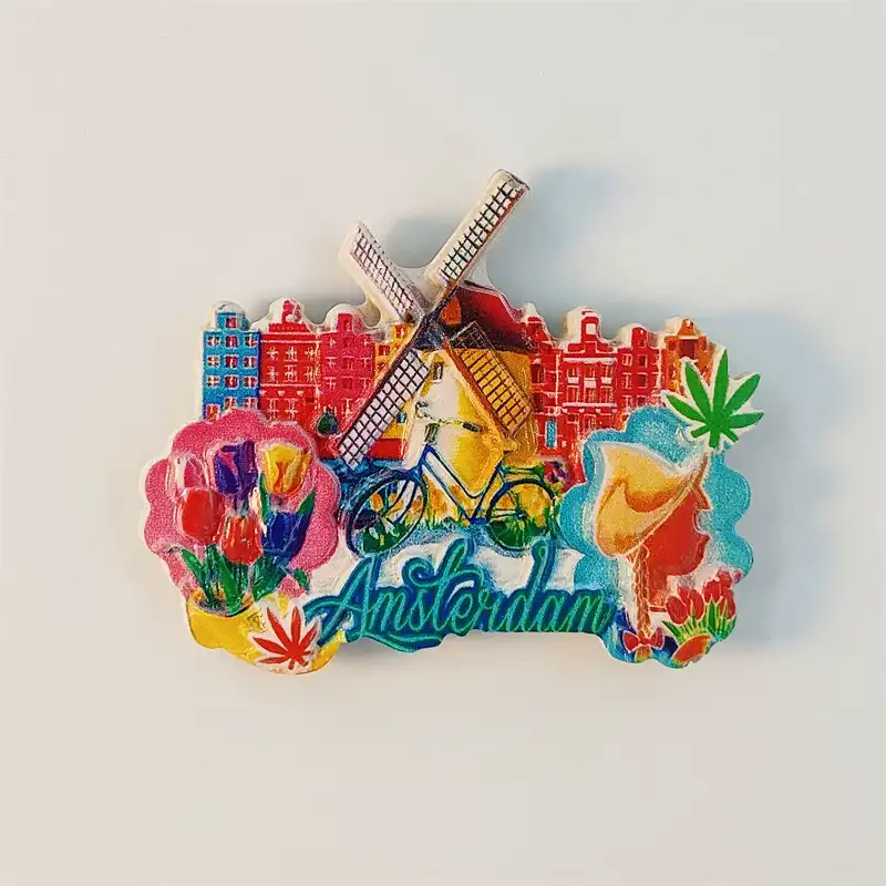 Amsterdam windmill fridge magnet with tulips, canal houses and bicycle design